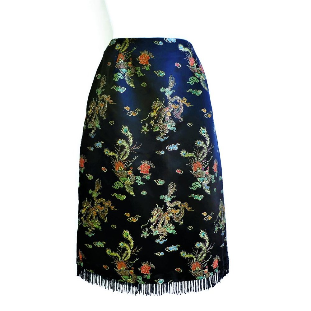 Vintage 90s Clio Black Satin Skirt Asian Dragons Floral Embroidery Bead Fringe 8